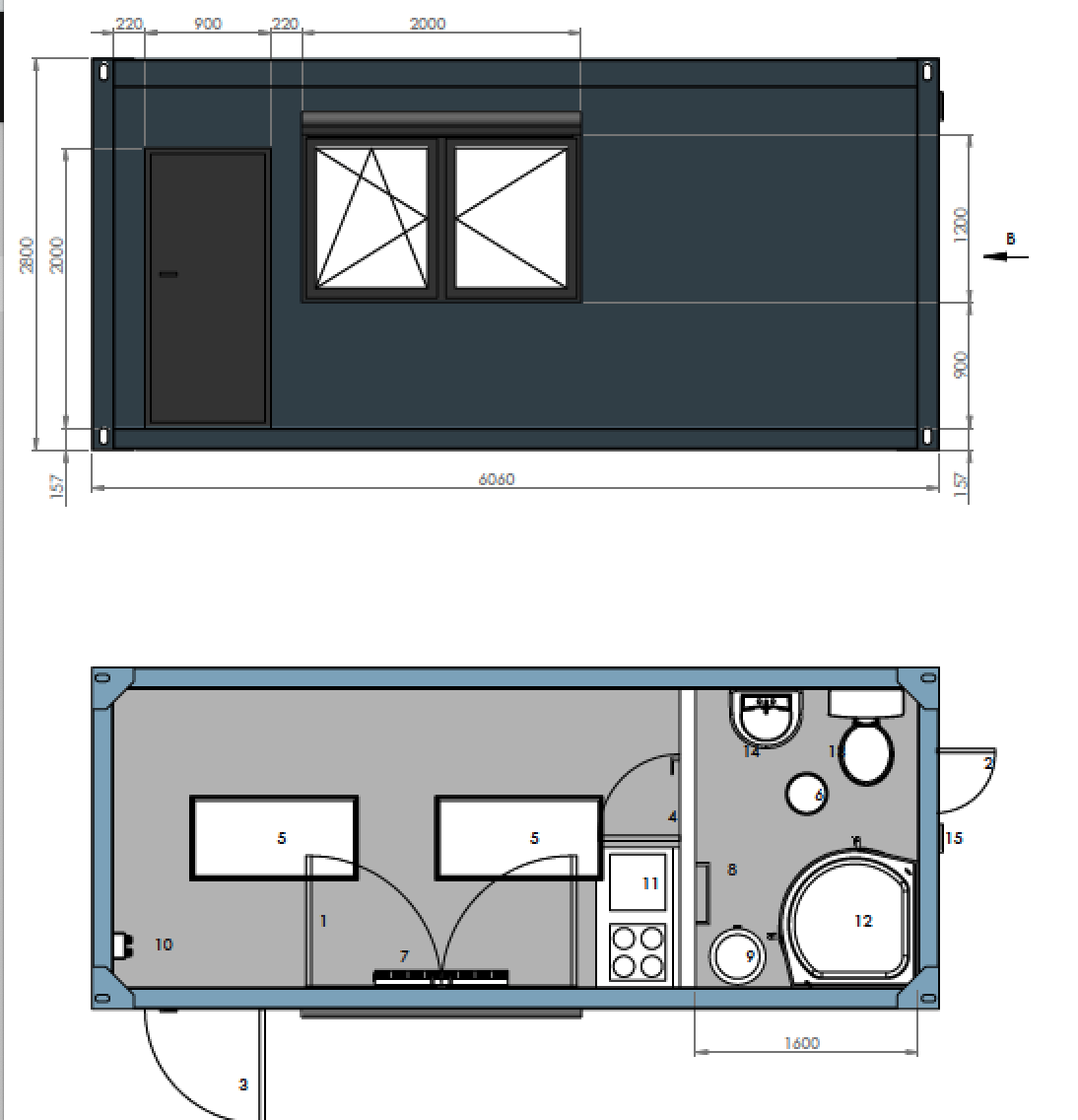 Contenedor Vivienda 6,00 × 2,44 m – Con Cocina, Baño y Ducha
