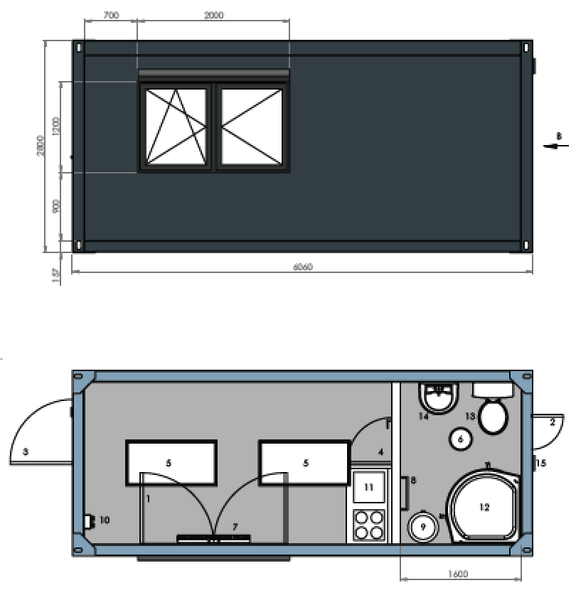 Contenedor Vivienda 6,00 × 3,00 m – Con Cocina, Baño y Ducha