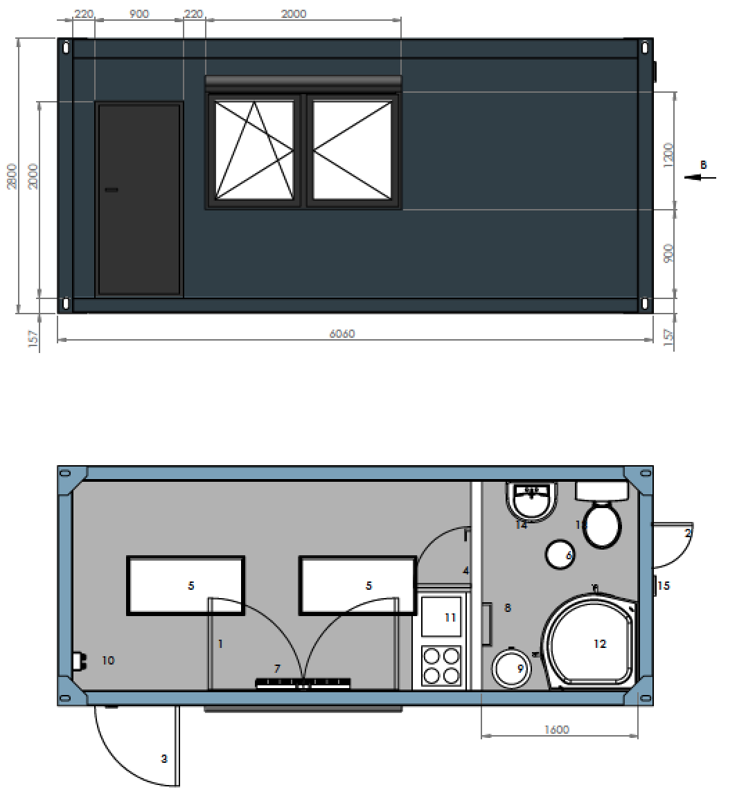 Contenedor Vivienda 6,00 × 3,00 m – Con Cocina, Baño y Ducha